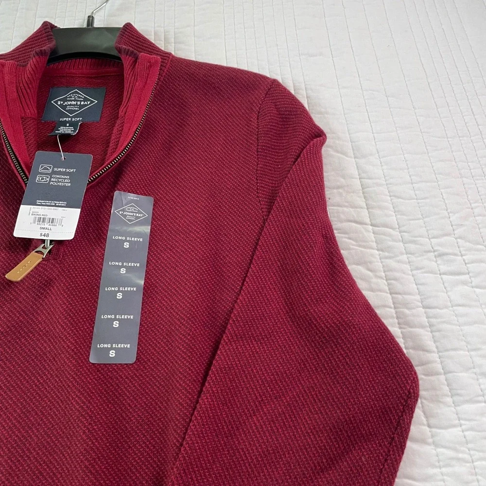 St Johns Bay Mens Quarter Zip Sweater Biking Red Small Super Soft Textured Knit